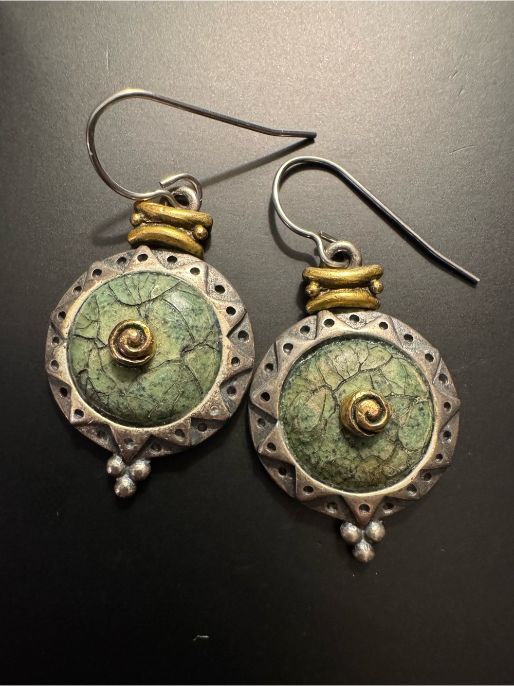 Chico’s Artisan Mixed Metal Green Crackle Cabochon Dangle Earrings